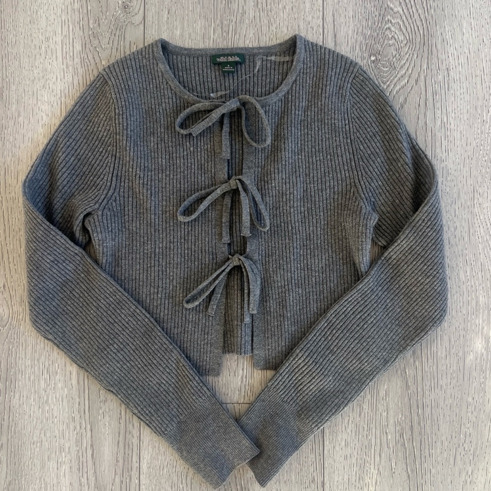 Ribbed Bow-Tie Front Gray Women’s Sweater Cardigan